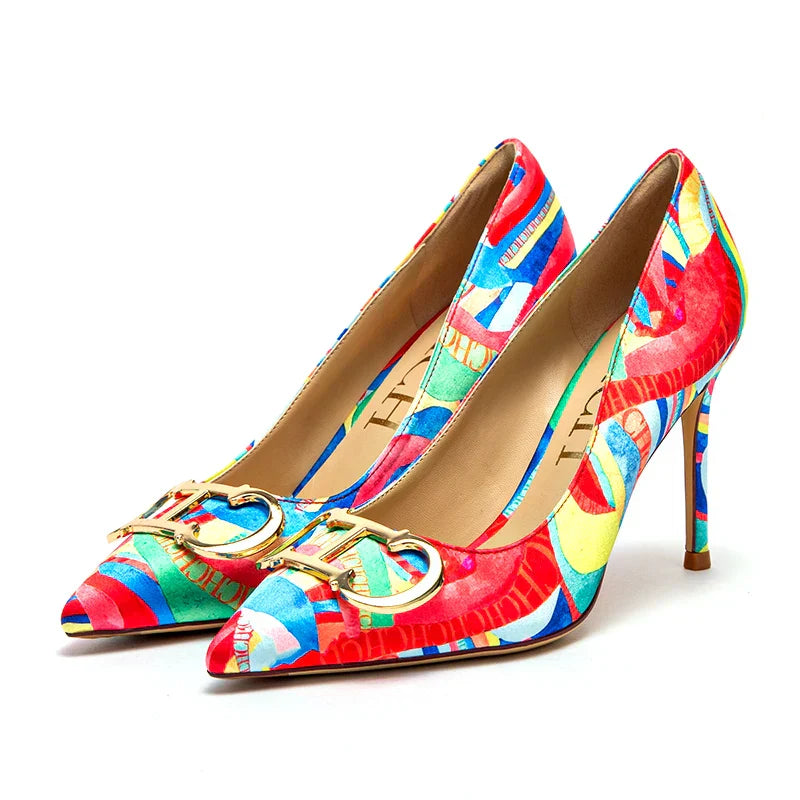 Women's High Heels New Pointed Metal Buckle Party Carnival Women's Shoes 9cm