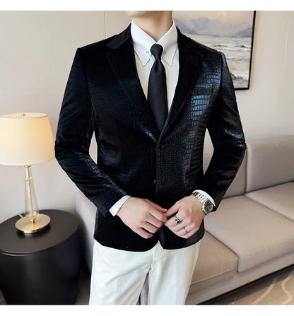 New High Quality Crocodile Stripe Slim Fit Leather Jacket Classic Business Casual Slim Fit Men Blazer Tuxedos Men Clothing 4XL-M