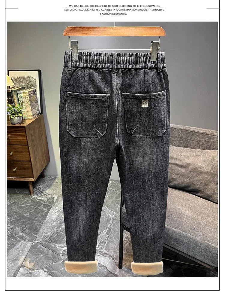 Warm Fleece Lined Elastic Waist Casual Straight Leg Men's Jeans Premium Quality Autumn Winter Thickened Stretch Denim Pants