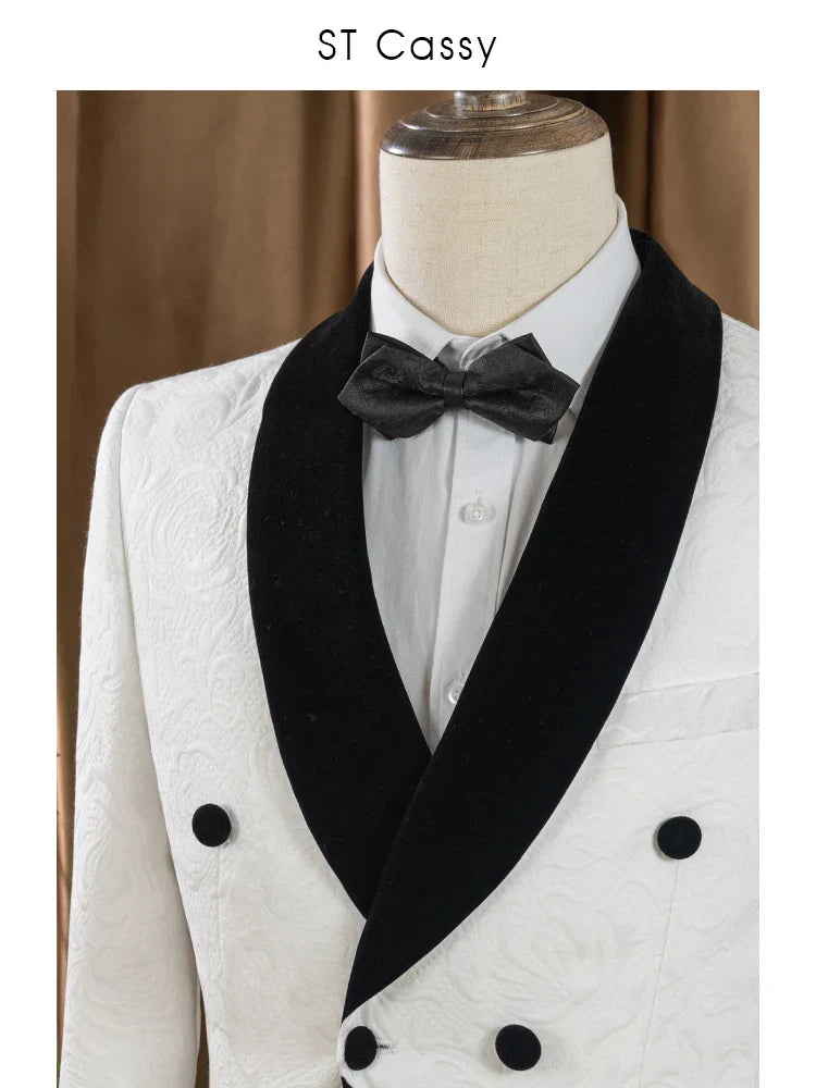Double-Breasted Groom's Wedding 2 Piece Set White Party Outfit for Man Slim Fit Tasdo Shawl Collar Evening Gown Dinner Suit