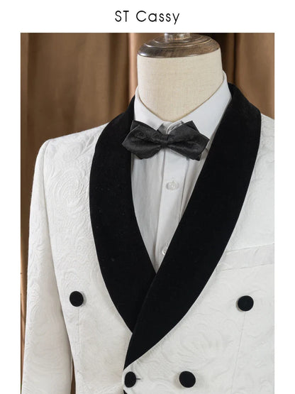 Double-Breasted Groom's Wedding 2 Piece Set White Party Outfit for Man Slim Fit Tasdo Shawl Collar Evening Gown Dinner Suit