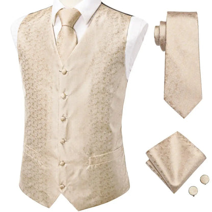 Luxury Gold Black Mens Vests Print Jacquard Waistcoat Tie Hanky Cufflinks Brooch Set for Men Wedding Formal Business Hi-Tie