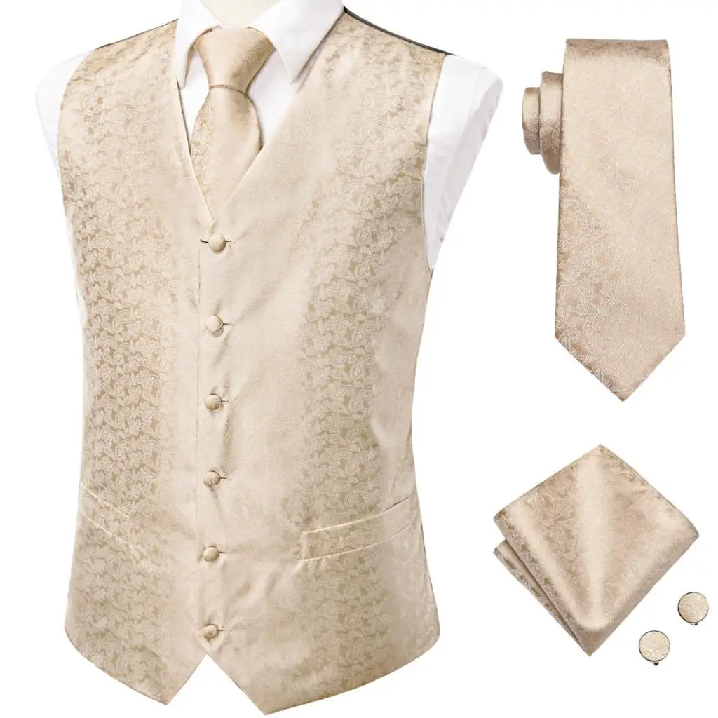 Luxury Mens Vests Black Gold Floral Jacquard Waistcoat Tie Hanky Cufflinks Brooch Set for Men Suit Wedding Office XL