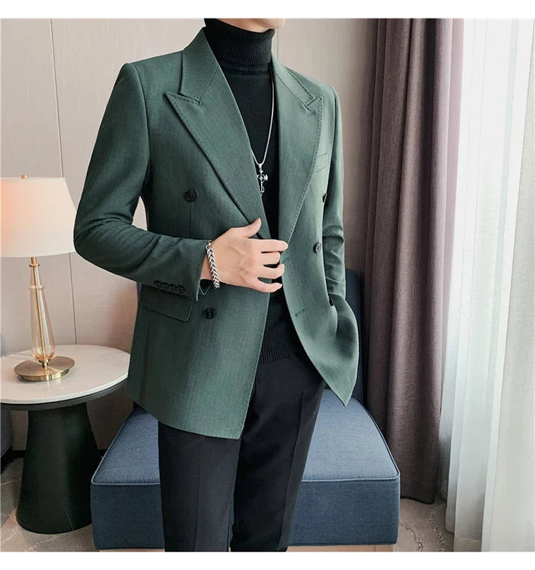 Classic Luxury Striped Men Suit Jacket Fashion Double Breasted Business Office Wedding Tuxedos Male High Quality Slim Fit Blazer