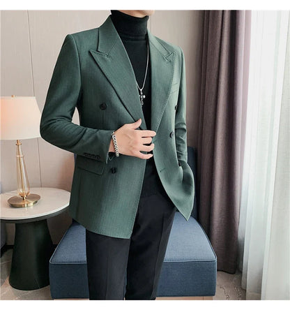 Classic Luxury Striped Men Suit Jacket Fashion Double Breasted Business Office Wedding Tuxedos Male High Quality Slim Fit Blazer