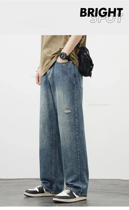 Korea Baggy Jeans Men's Vintage Straight Ripped Y2k Pants Fashion Frayed High Street Distressed Denim Trousers Male Clothes