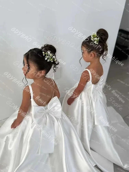 Simple Satin First Communion Dress With Bow Spaghetti Strap Backless Flower Girl Dress for Wedding 2-14 Kids Birthday Party Gown