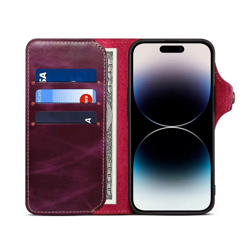 Genuine Leather Wallet Phone Case for iPhone 14 15 Plus 12 13 Pro Max 11 XS XR 6S 7 8 SE Holder Cover With Hand Strap