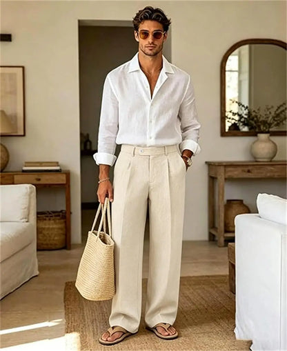 Mens Linen Casual Dress Pants Old Money Pleated Wide Leg Baggy Vintage Relaxed Fit Slacks Work Office Trousers