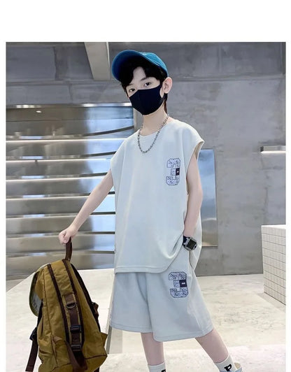 Summer Boys Loose Sleeveless Printed T-Shirt Tops+Shorts Pant School Kids 2PCS Tracksuit Child Outfit Student Workout Set 5-16Yr