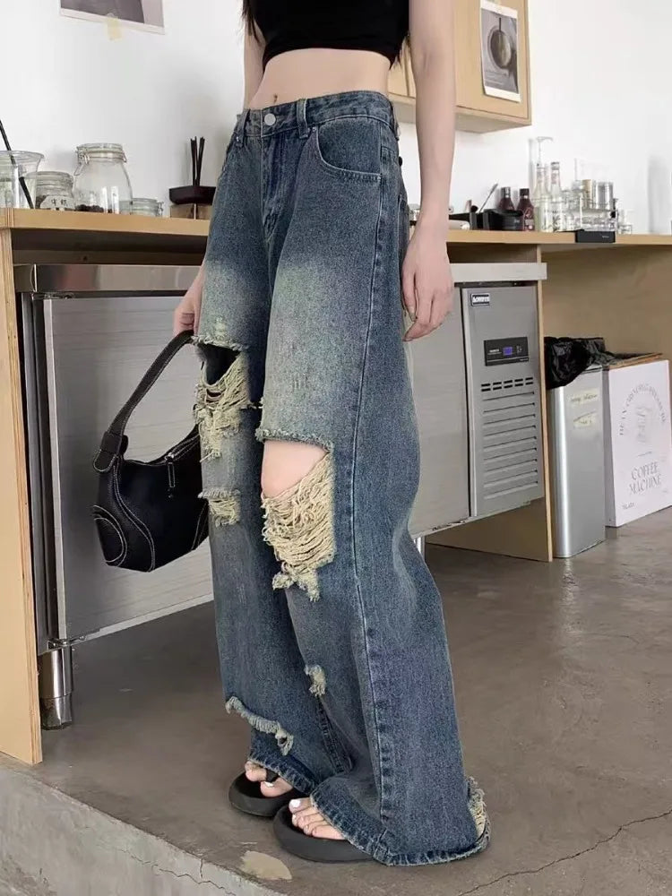 Casual Denim Pant Women Jeans Vintage Straight Trousers Autumn Spring Fashion Female Blue Wide Leg Pants Hole Jeans