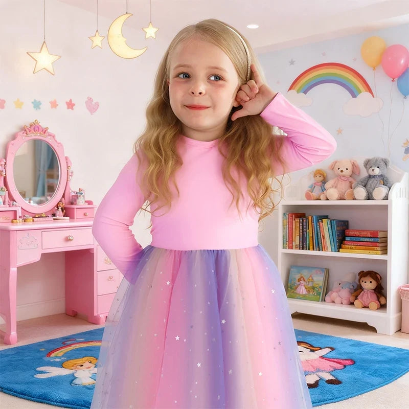 K-Pop Hunters Rumi Baby Girls Dress Children Cartoon Mesh Star Sequins Princess Dress Kids Flying Sleeve Skirt For Birthday Gift