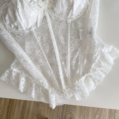 3D Floral Sexy Sheer Lingerie Top Ladies Lace Splice Bodycon Versatile Camisole French Romantic Hotsweet Corset Vest