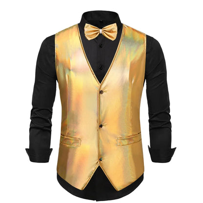 2025 New Gold, Silver, Pink, Purple Disco Glitter Vest for Men, Six Color Bright Men's Waistcoat with Bow Tie, Eur Size S-2XL