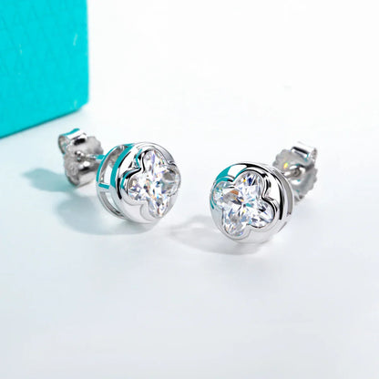 2cttw Four-Leaf Clover Cut Moissanite Bezel Earrings 925 Sterling Silver 18K Gold Plated Stud Earring for Women