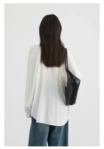 Women Loose Lace Up Shirt Solid New Korean V-neck Pleated Raglan Long Sleeved Blouses Female Tops Spring Summer 2026