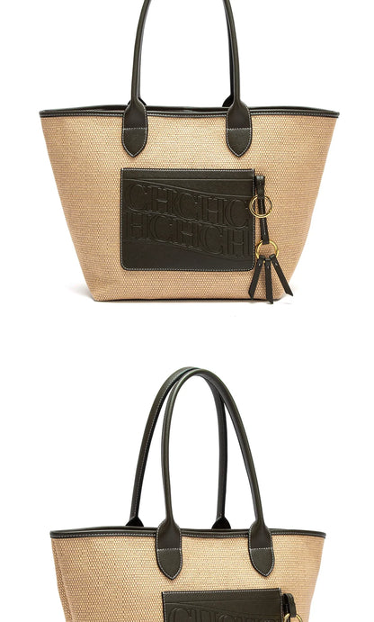 Beach Vacation Women's Tote Bag 2025 New Summer PP Grass Weaving Splicing Design Large Capacity Handbag
