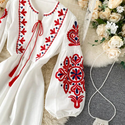 n Sle Embroidered Flower Long Sve Loose Fit Lantern Sve Gathered Slimming A-Line Dr Women's round Ne Dr