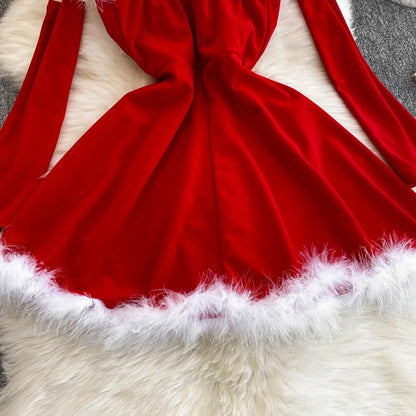Women's Christmas Dress Sexy Low-cut Waist Thin Big Pendulum Fluffy Splicing Suspender Tube Ling Dress Red