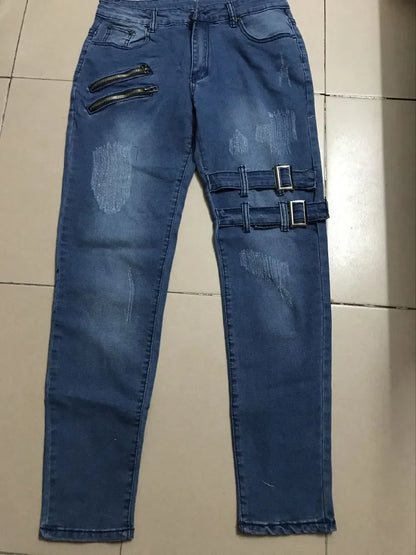 Retro Moto Biker Straight Elastic Jeans Men Zipper Hole Streetwear Punk Skinny Denim Cargo Pants Pantalones Hombre  Y2K Clothing