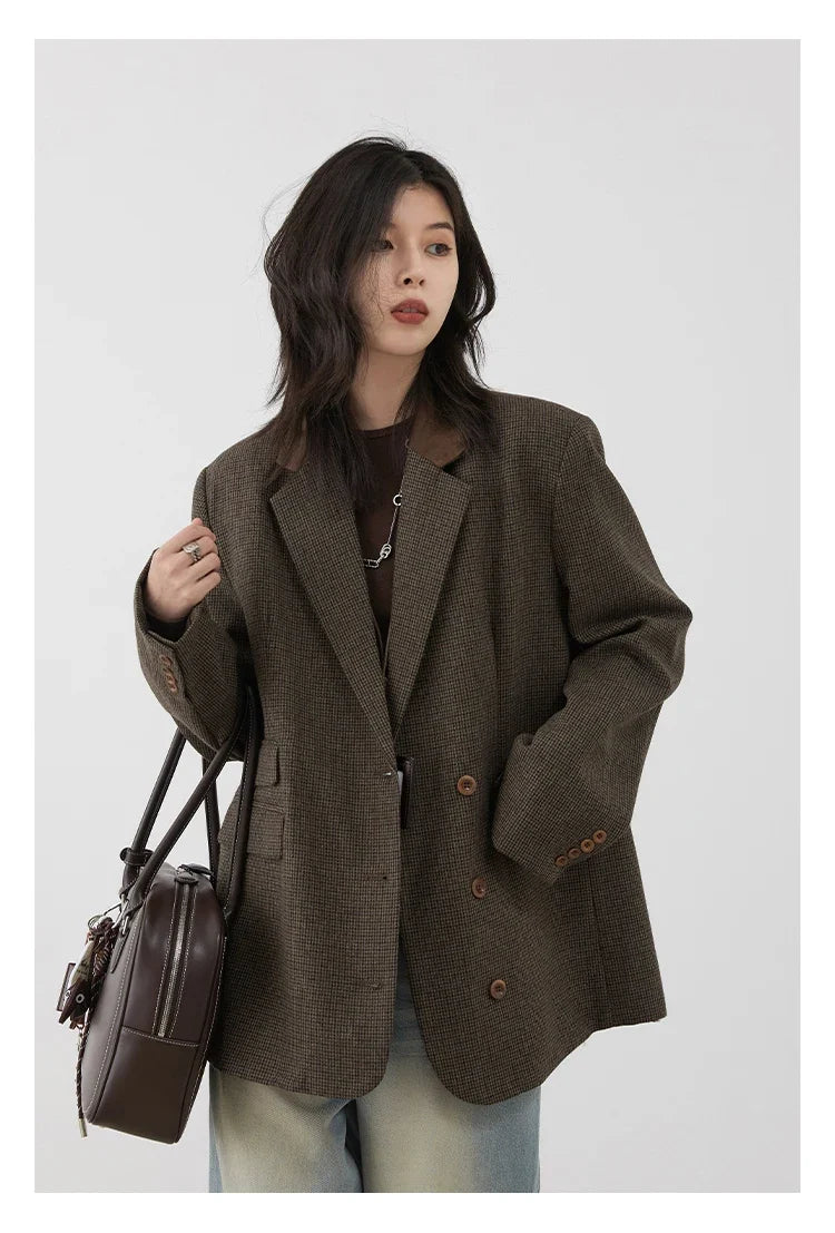 Women's Woolen Blazer Loose Retro Single Breasted Female Jacket Mid Length Plaid Coat for Woman Autumn Winter 2024