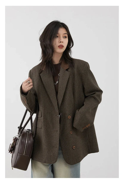 Women's Woolen Blazer Loose Retro Single Breasted Female Jacket Mid Length Plaid Coat for Woman Autumn Winter 2024