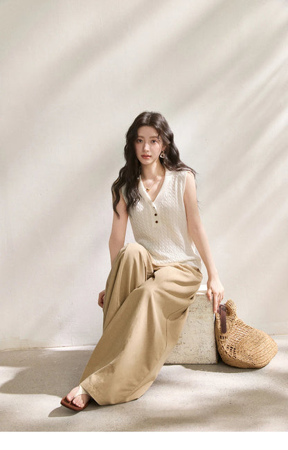 Women Cable Knit V-Neck Henley Tank Top Sleeveless Slim Knit Vest, Casual Basic Solid Tops for Spring Summer MXF25Z3115