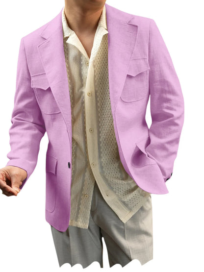Classic Men's Linen Blazer Notched Lapel Slim Fit Breathable Elastic Suit Jacket with Flap Pockets for Wedding Prom Daily Wear