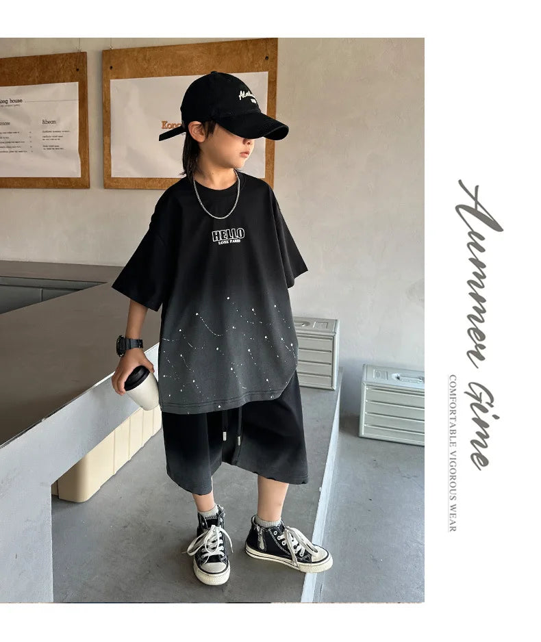 Summer Boys Cotton Leisure Star Print Gradient T-Shirt Top+Shorts Workout Set School Kids 2PCS Tracksuit Children Outfit 5-16 Yr