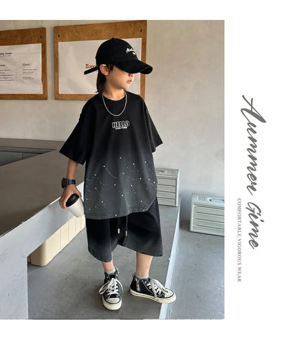 Summer Boys Cotton Leisure Star Print Gradient T-Shirt Top+Shorts Workout Set School Kids 2PCS Tracksuit Children Outfit 5-16 Yr