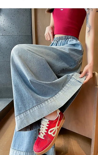 Casual High Waist Wide Leg Jeans Women's Loose Fit Summer Faion plus Size American Sle Cuffed Casual Denim Skirt Pants