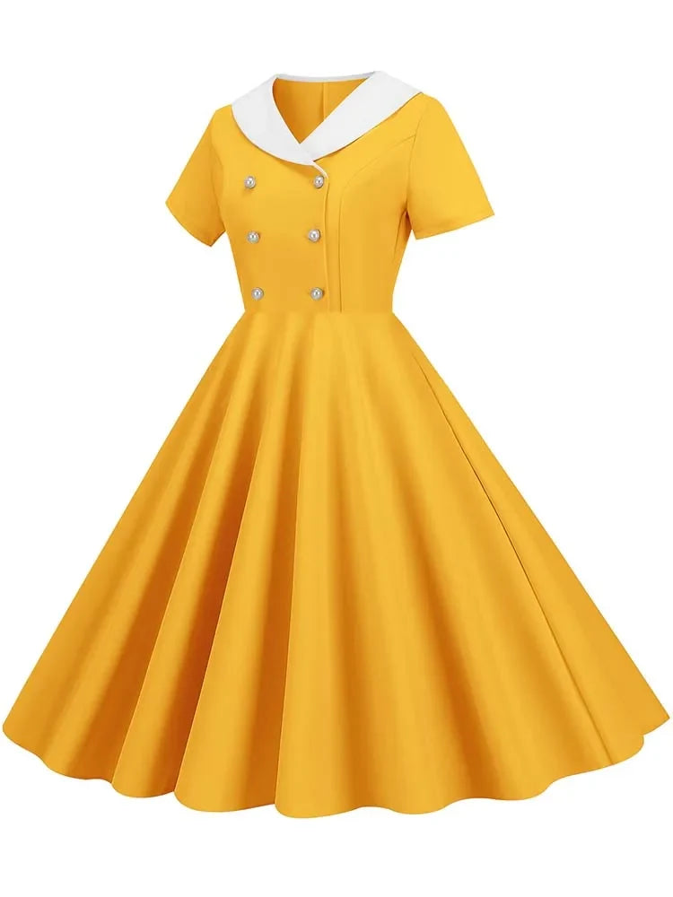 Summer Midi Dress Women Elegant Pink Vintage Party Sundress Casual Peter pan Collar Short Sleeve Dress
