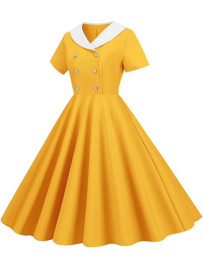 Summer Midi Dress Women Elegant Pink Vintage Party Sundress Casual Peter pan Collar Short Sleeve Dress