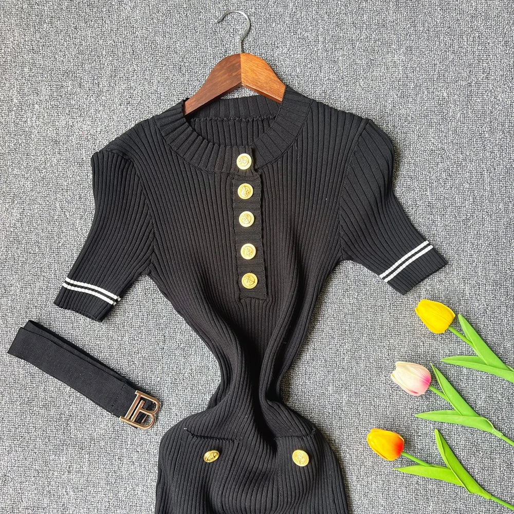 2025 Autumn Winter Women Knitted Dress Brand Fashion O-neck Buttons Bodycon Sweater Dress with Belt Lady Office Dress