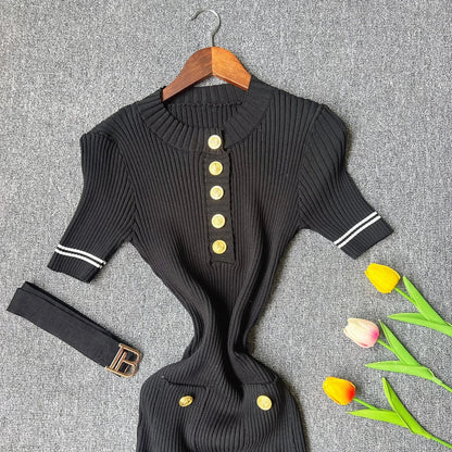 2025 Autumn Winter Women Knitted Dress Brand Fashion O-neck Buttons Bodycon Sweater Dress with Belt Lady Office Dress