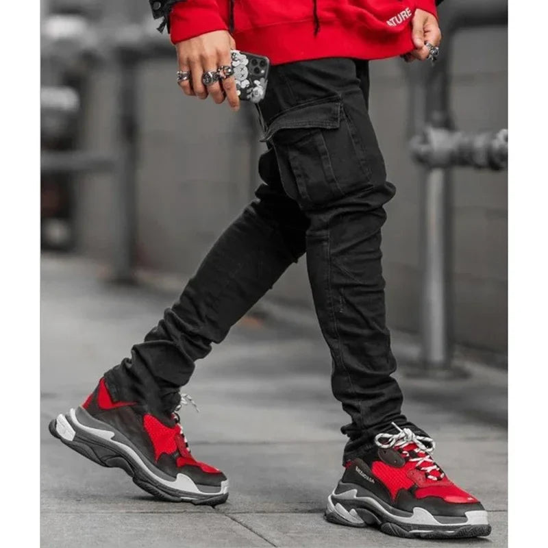 Man Business Casual Cargo Jeans Male Stylish Tide Brand Stretch Pants Spring Summer Grey Brand New Fit Straight Lightweight