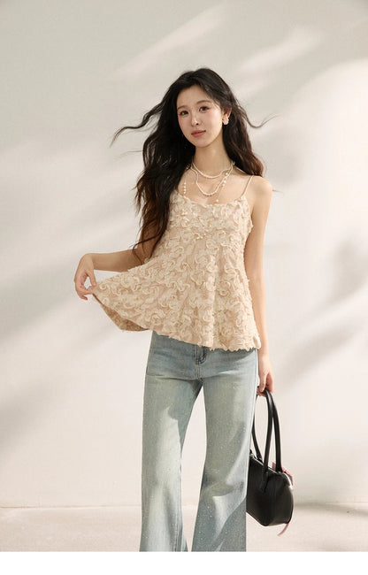 Women's Cherry Blossom Pink 3D Petal Camisole Tank Top 2026 Summer New Spaghetti Strap Ruffle Hem Inner Vest MXF16D2373