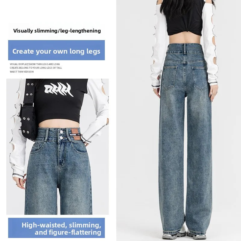 Slim Wide Leg Denim Jeans High Waist Double Bule Straight Cut Pants for Women Bla ey Autumn New Arrival Faionable Wea...