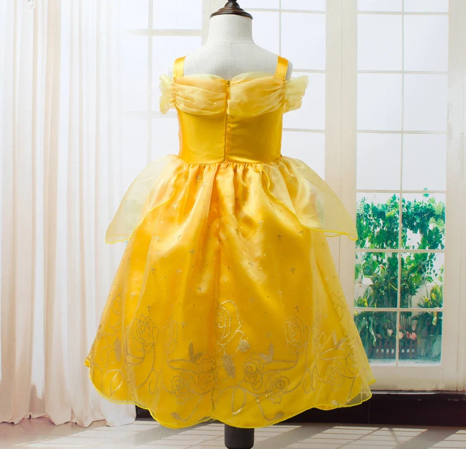 Beauty Belle Princess Cosplay Dress Girl Yellow Floral Off Shoulder Mesh Kid LED Light Halloween Costume Birthday Surprise Gift