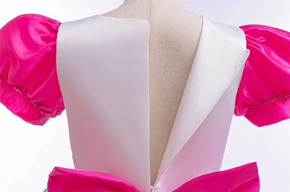 Girls Striped Bubble Sleeve Princess Dress Gabby Doll Cat Hous Cosplay Bow Mesh Fluffy Costume Kid Halloween Birthday Party Gown