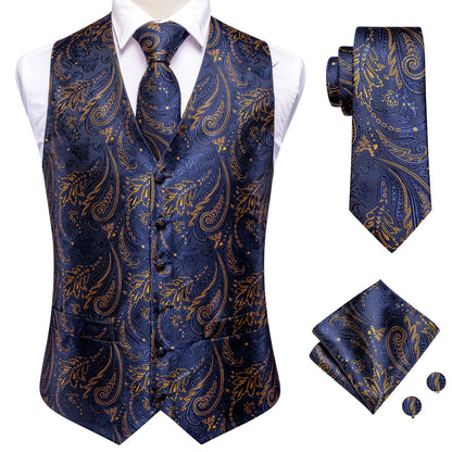 Sky Navy Royal Blue Mens Waistcoat Tie Set Sleeveless Jacket Vest Necktie Hanky Cufflinks Wedding Business Oversized Gift
