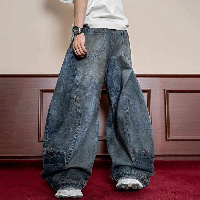 2 Piece Korean Retro Men'S Jeans Spring And Autumn Styles Loose Wide Leg Pants Casual Straight Leg Pants Floor Length Pants