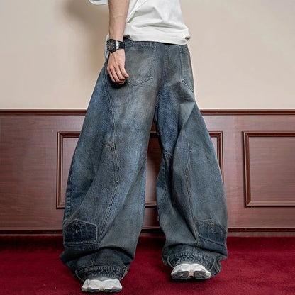 2 Piece Korean Retro Men'S Jeans Spring And Autumn Styles Loose Wide Leg Pants Casual Straight Leg Pants Floor Length Pants