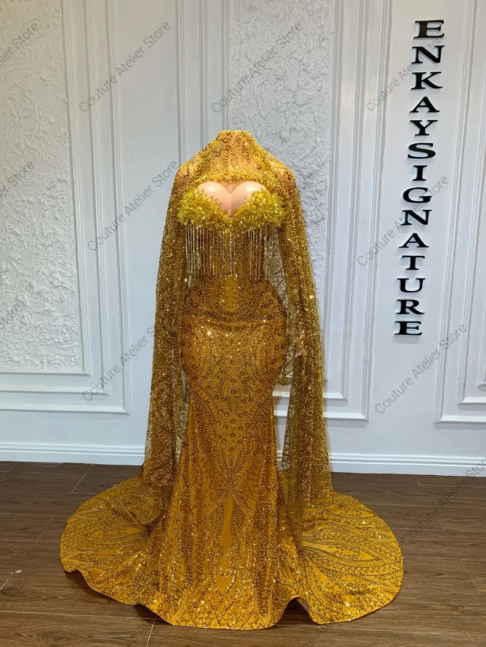 Glamorous Gold Stones Prom Dresses With Head Cover Beaded Rhinestones Mermaid African Wedding Dress Black Girls Customized