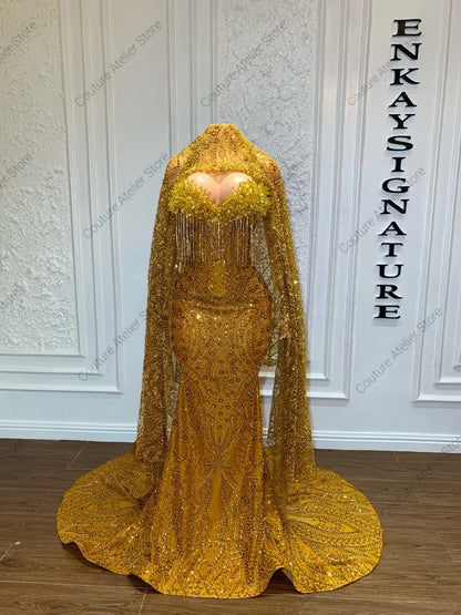 Glamorous Gold Stones Prom Dresses With Head Cover Beaded Rhinestones Mermaid African Wedding Dress Black Girls Customized