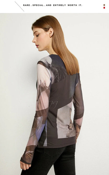 Minimalism Long sleeve T-shirts for Women 2025 Autumn New Bottoming Shirt Mesh Printing Inside Slim Trendy Tops 12421003