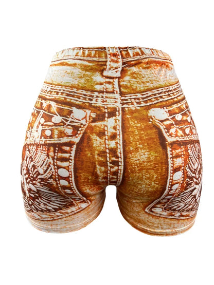 Women's Faux Denim Print High Stretch Slim Shorts, Versatile Yoga Shorts, Polyester Non-Denim Material