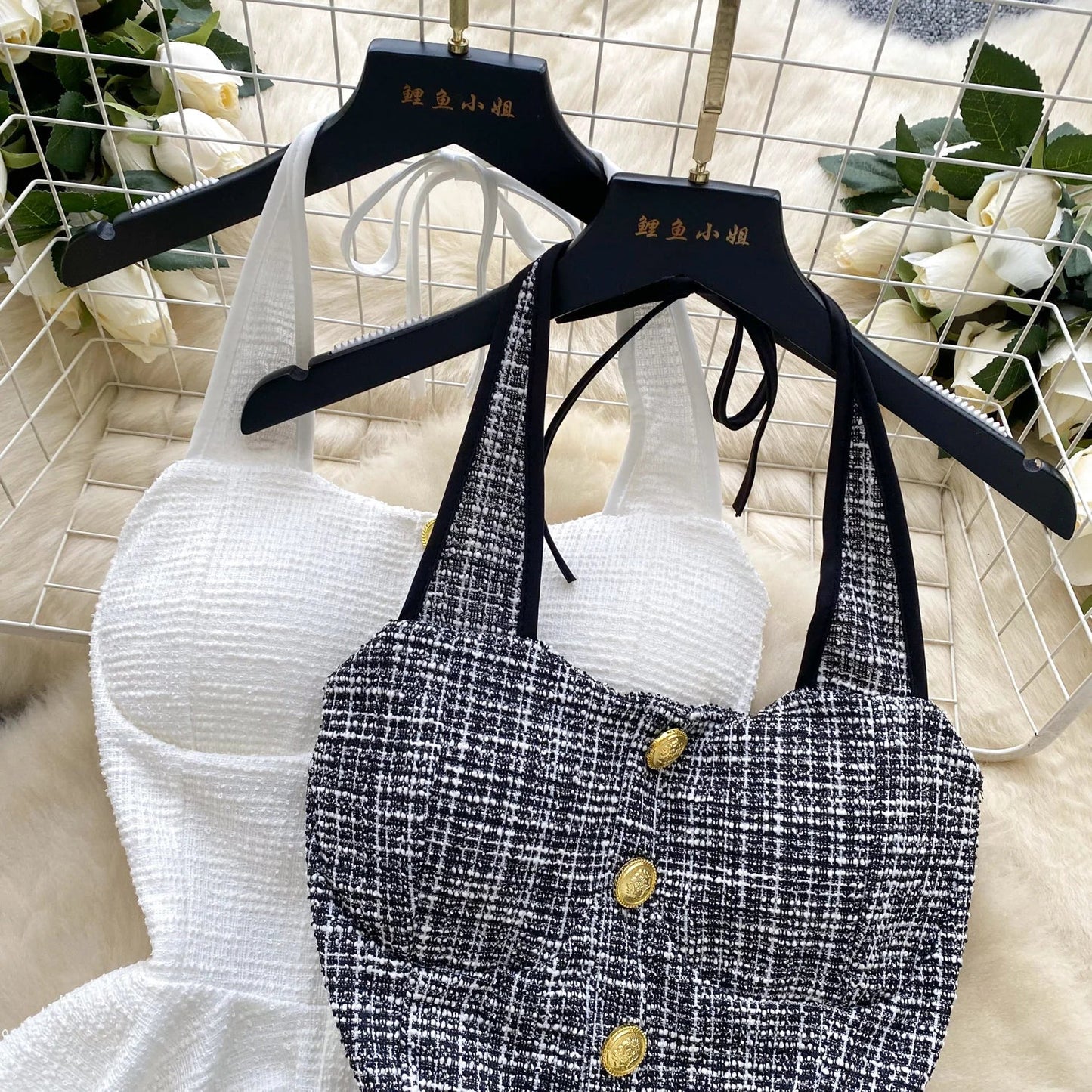 American Summer Women Camisole Halter Buttons Y2K Solid Slim Fit Tops Fashion Chic Tweed Design Hotsweet Tank Top