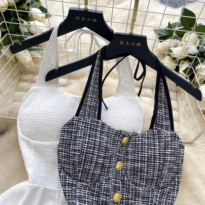 American Summer Women Camisole Halter Buttons Y2K Solid Slim Fit Tops Fashion Chic Tweed Design Hotsweet Tank Top