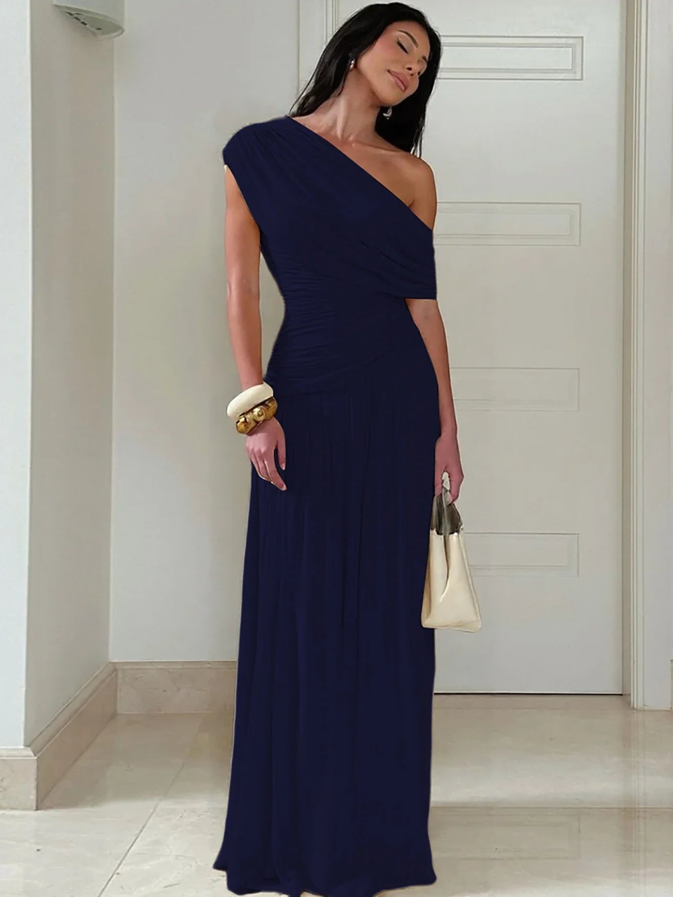 One Shoulder Ruched Sleeveless Solid Pleated Sexy Irregular Y2K Maxi Dress Summer Elegant Party Women Clothes Vacation